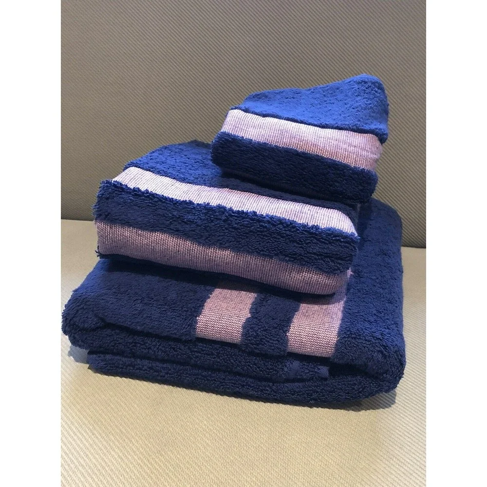 New Calvin Klein George Bath Towel Set Cobalt Blue Pink Stripes 100% Cotton 3 Pc